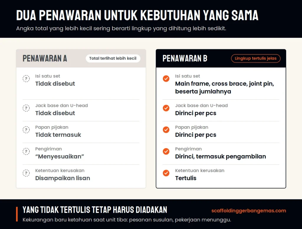 Perbandingan dua penawaran sewa scaffolding: penawaran A tidak merinci isi set, aksesori, papan pijakan, pengiriman, dan ketentuan kerusakan, sedangkan penawaran B mencantumkan semuanya secara tertulis
