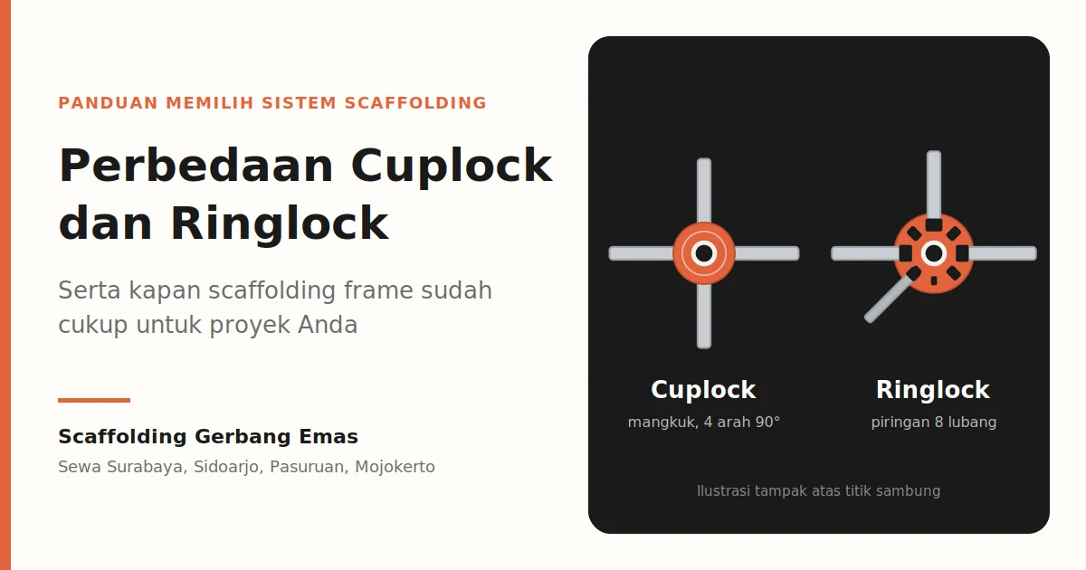 Ilustrasi titik sambung scaffolding cuplock dan ringlock tampak atas, untuk panduan perbedaan cuplock dan ringlock