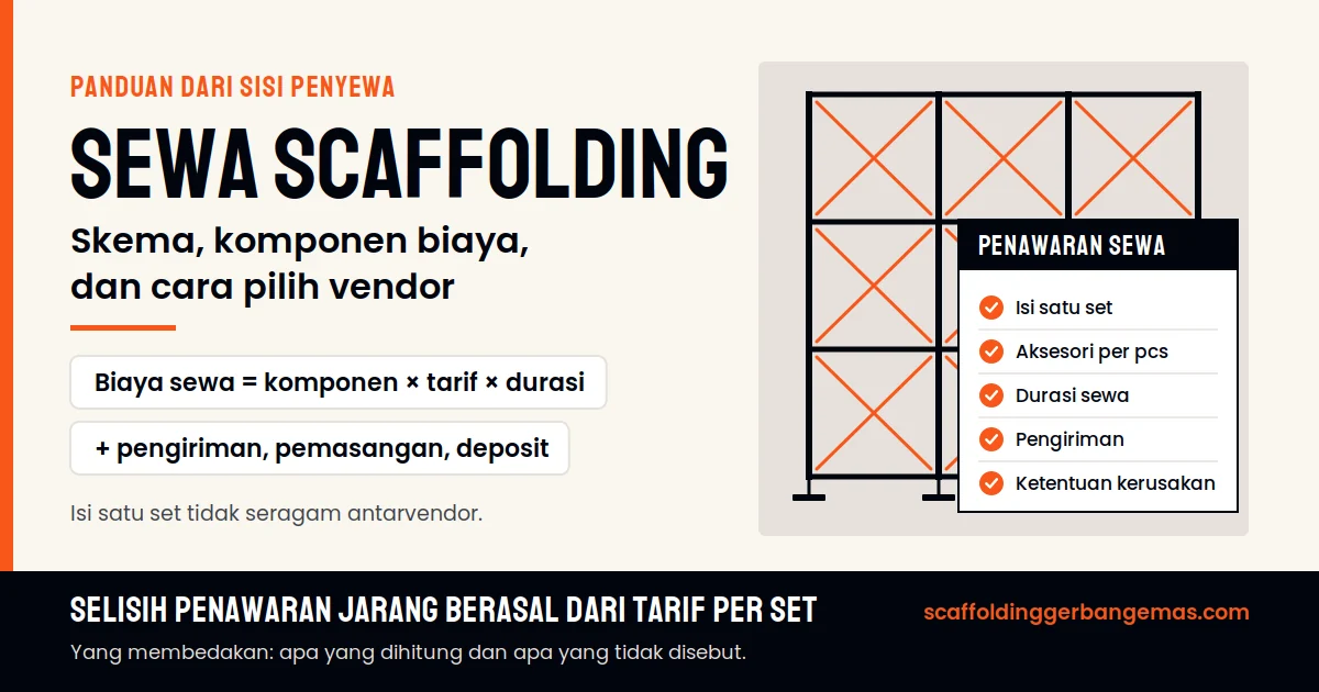 Panduan sewa scaffolding: biaya sewa dihitung dari komponen, tarif, dan durasi, ditambah pengiriman, pemasangan, dan deposit