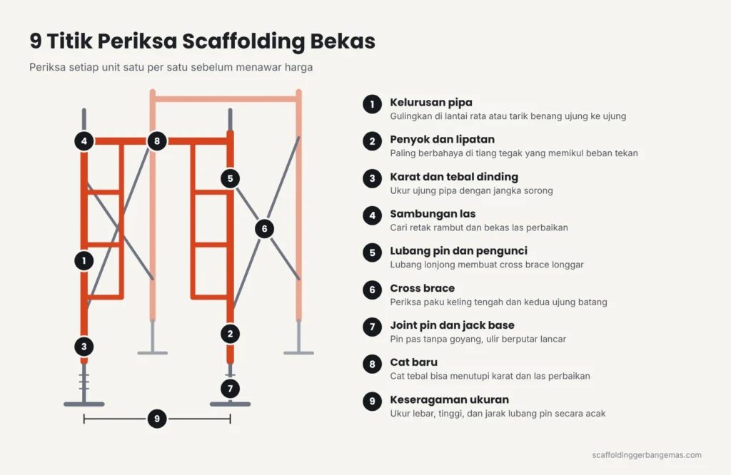 Diagram 9 titik periksa scaffolding bekas: kelurusan pipa, penyok, karat dan tebal dinding, sambungan las, lubang pin, cross brace, joint pin dan jack base, cat baru, dan keseragaman ukuran