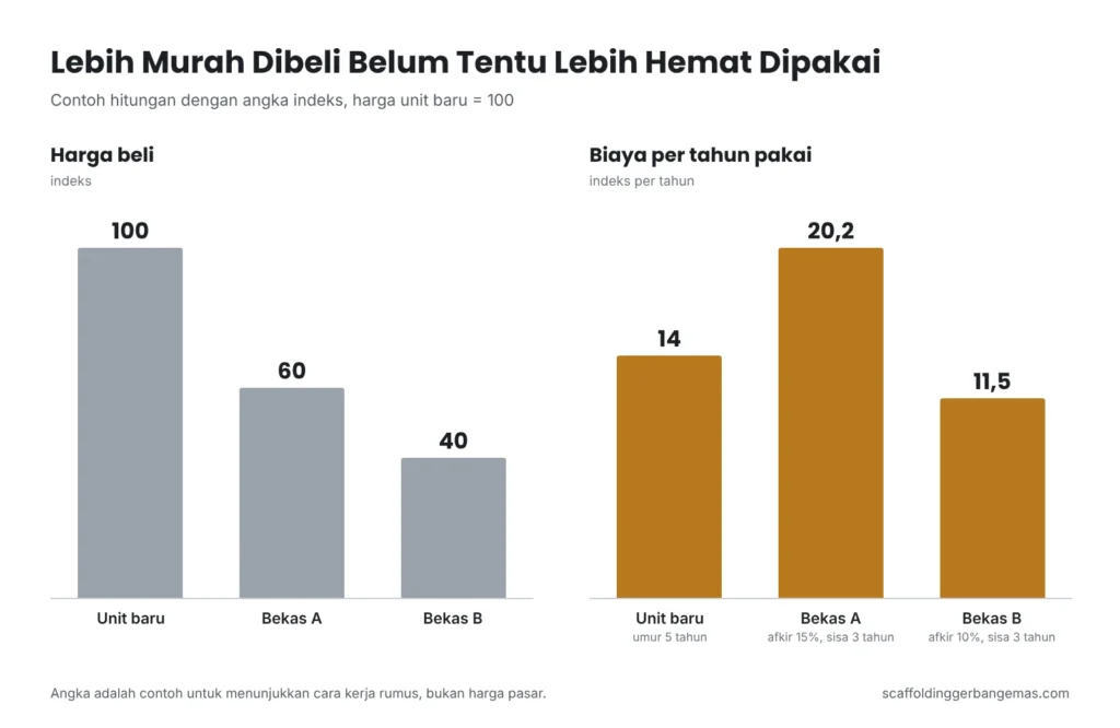Grafik perbandingan harga beli dan biaya per tahun pakai scaffolding baru dan bekas: bekas A lebih murah dibeli tetapi lebih mahal per tahun pakai