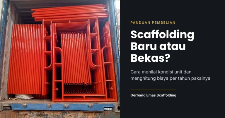 Scaffolding frame baru warna oranye tersusun di dalam kontainer, ilustrasi panduan memilih scaffolding baru atau bekas