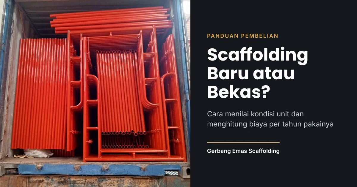 Scaffolding frame baru warna oranye tersusun di dalam kontainer, ilustrasi panduan memilih scaffolding baru atau bekas